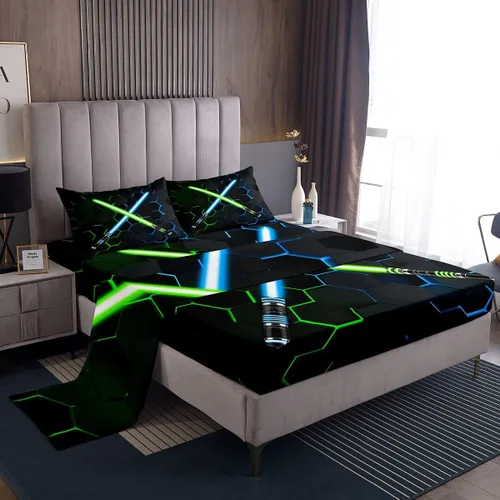 Juego de ropa de cama con sable de luz geométrico, tamaño individual, color azul neón y morado, diseño de panal claro, para niños, niñas y hombres,