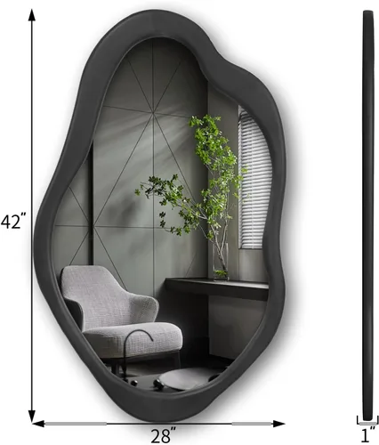 Miniatura 6 de Espejo de pared irregular de 42 x 28 pulgadas, espejo de pared con marco negro de madera, espejo de pared asimétrico ondulado para sala de estar