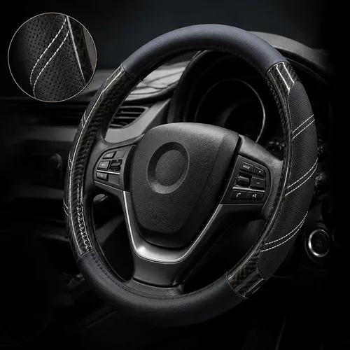 Miniatura 9 de Elantrip Funda de volante de cuero deportivo 14 1/2 pulgadas a 15 pulgadas universal, acolchada, de agarre suave y transpirable para coche, camión