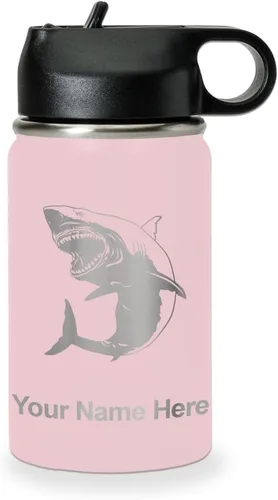 Miniatura 78 de LaserGram Botella de agua personalizada, gran tiburón blanco, acero inoxidable de doble pared aislada al vacío con popote superior, regalo grabado