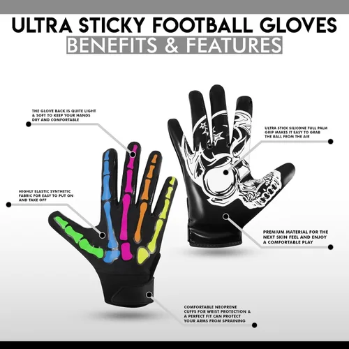 Miniatura 5 de Glorious Traders Youth Football Gloves American Wide Receiver Football Gloves for Adult Men Women & Boys with Super Sticky Silicone Grip Palms Negro