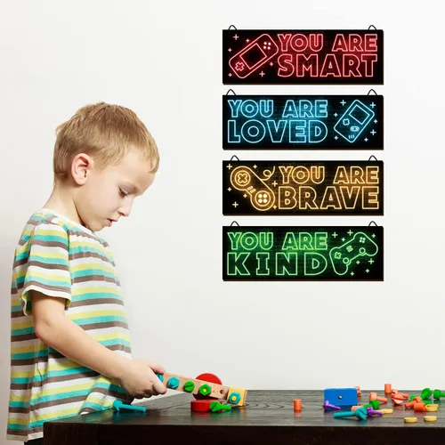 Miniatura 3 de YLOLUL 4 piezas de impresiones de arte de juegos neón, decoración de pared de madera para habitación de niños, decoraciones para jugadores