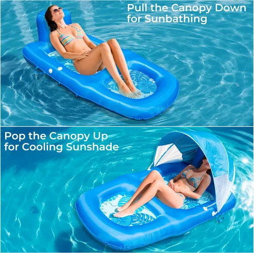 Miniatura 9 de Fabric Covered Inflatable Pool Lounger Float Adult, 70"x39" Extra Large Pool Float w/ UPF50+ Sunshade Canopy & Cupholder Caddy, Water Floaties Raft