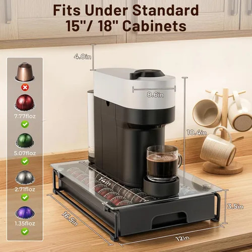 Miniatura 3 de EVERIE Organizador de Cristal Templado Soporte para Cajón Compatible con Cápsulas Nespresso Vertuo, Compatible con 40 Pods Vertuoline Grandes o 52