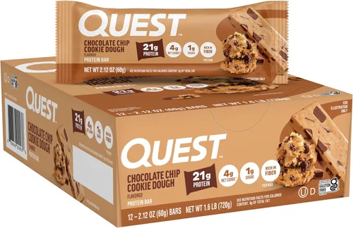 Quest Nutrition Barras de proteína de masa de galletas con chispas de chocolate, 21g de proteína, 1g de azúcar, 4g de carbohidratos netos, alto en