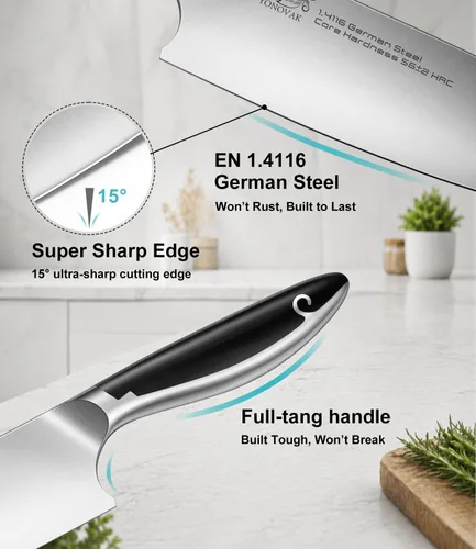 Miniatura 9 de Cuchillo de chef de 8 pulgadas en acero alemán EN1.4116 de alto carbono, ultra afilado, antideslizante, mango de espiga completa, apto