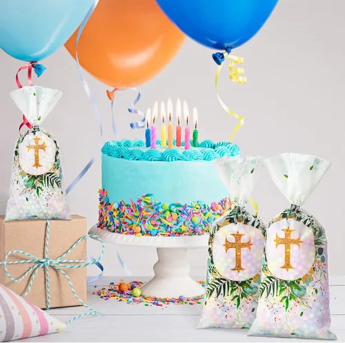 Miniatura 4 de Hotop 100 bolsas de celofán de bautismo, bolsa de regalo, dulces con 150 lazos, suministros de decoración de fiesta de primera comunión