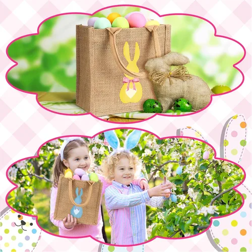 Miniatura 4 de 3 bolsas de arpillera de Pascua, cesta de Pascua de conejo, artículos esenciales de búsqueda de huevos de primavera, bolsa de regalo para niños