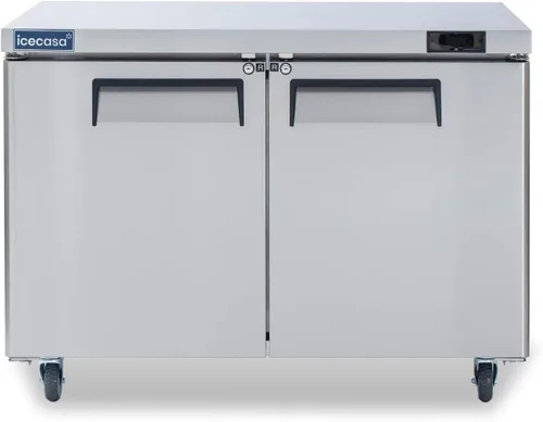 ICECASA Refrigerador Comercial de Mostrador Bajo Encimera de 48" de Ancho, 2 Puertas de Acero Inoxidable con Enfriamiento por Ventilador, 13 Pies