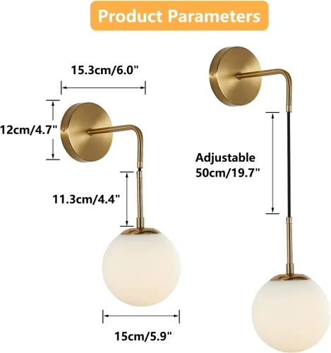 Miniatura 2 de KCO Lighting Juego de dos apliques de pared de vidrio blanco esmerilado con globo esférico dorado de latón, luz de pared con cable ajustable