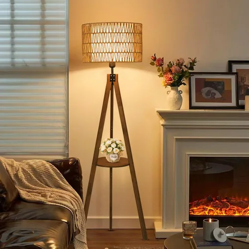 Miniatura 2 de LAMSU Lámparas de pie estilo bohemio con trípode para sala de estar, lámpara de pie de madera de ratán con pantallas de tela, lámpara de pie