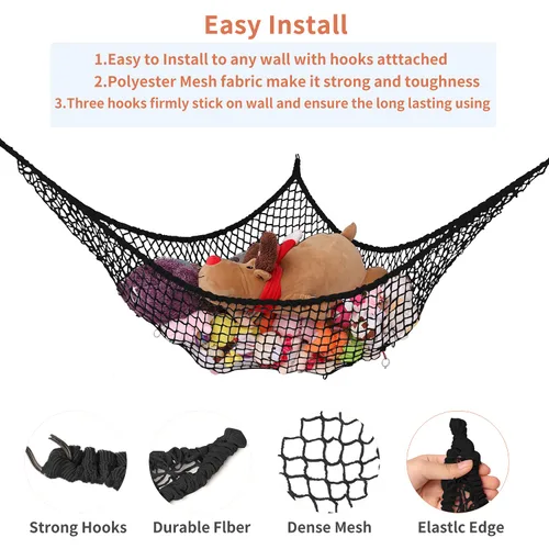 Miniatura 2 de Hamaca de animales de peluche, red de almacenamiento de hamaca de juguete, soporte de red de malla para juguetes de malla gigante, esquina de pared