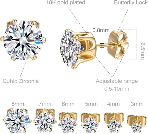 Miniatura 2 de GEMSME 18K YellowWhite Gold Plated Round Cubic Zirconia Stud Earrings Pack of 6