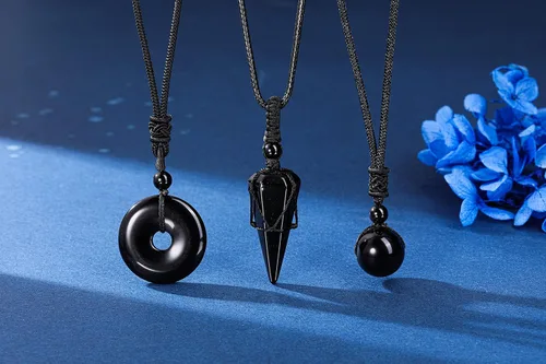 Miniatura 2 de Jovivi Juego de 3 collares de piedra de cristal curativo para hombres y mujeres, amatista natural, obsidiana negra, ojo de tigre, piedras preciosas