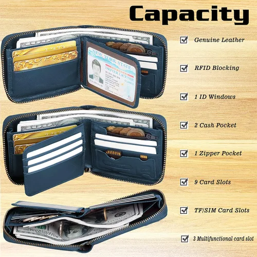 Miniatura 58 de Admetus - Cartera de piel auténtica para hombre con cremallera, plegable