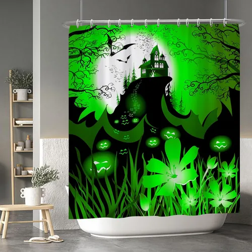 Miniatura 68 de Cortina de ducha de fantasma y gato negro para niños, 36 x 72 pulgadas, espeluznante y bonita, cortina de baño de Halloween con 6 ganchos, cortina