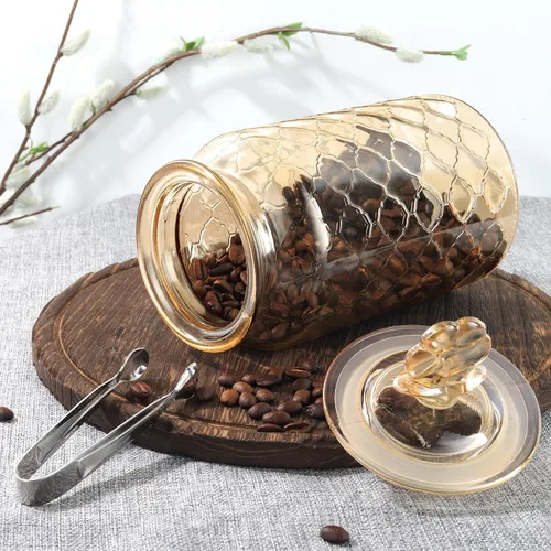 Miniatura 4 de Joeyan Tarro de almacenamiento de vidrio ámbar de 45 onzas con tapas de vidrio herméticas, recipiente de alimentos en relieve vintage, organizador