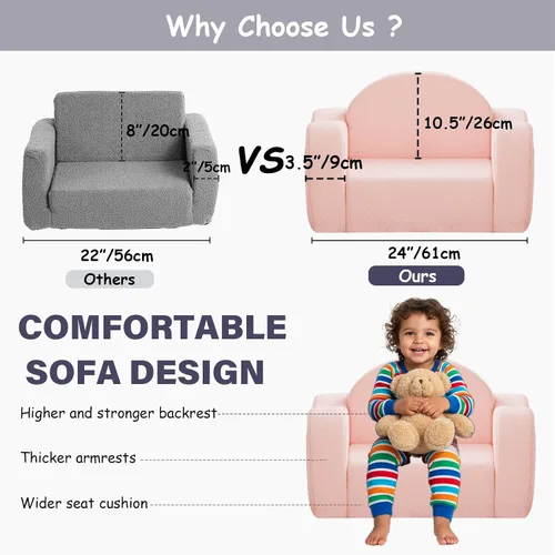 Miniatura 6 de Tiita Silla para niños, sillas plegables cómodas para niños, sofá de felpa 2 en 1 para niños, sillón con reposabrazos de bebé, sofá a tumbona, sofás