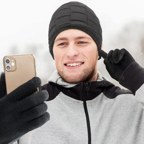 Miniatura 6 de Honoson El juego de gorros Bluetooth incluye 2 gorros inalámbricos con Bluetooth, guantes para pantalla táctil (negro, clásico)