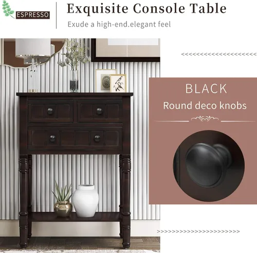 Miniatura 5 de Knocbel Mesa consola estrecha con 3 cajones de almacenamiento y estante inferior, mesa de sofá delgada para espacios pequeños, fácil montaje Espresso