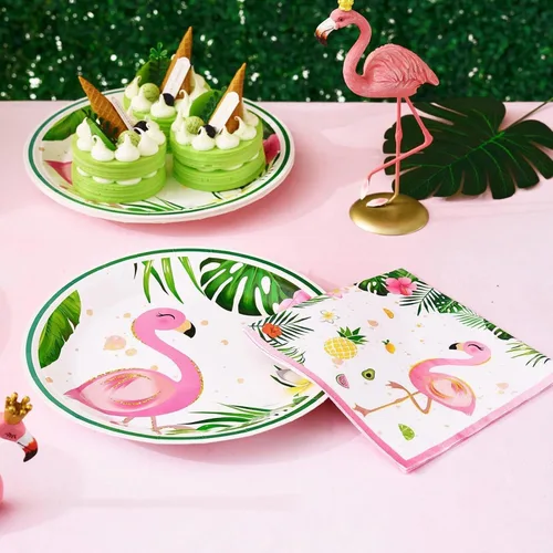 Miniatura 4 de WERNNSAI Decoraciones de fiesta de flamencos, 48 platos hawaianos y servilletas con temática de flamencos de verano, platos y servilletas tropicales