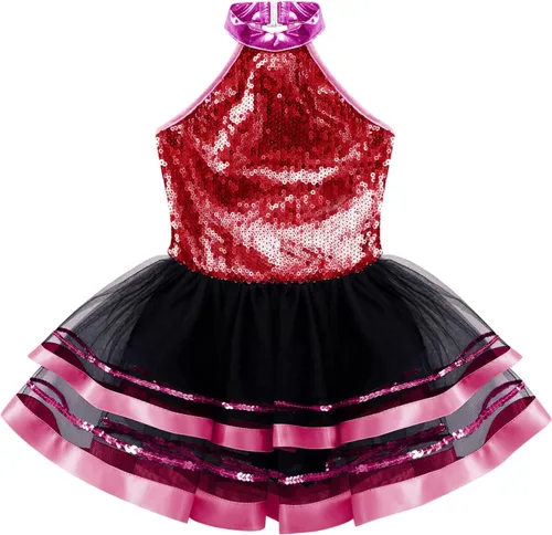 Miniatura 3 de CHICTRY Vestido tutú de ballet con lentejuelas brillantes para niñas y niñas, moderno disfraz de baile latino de jazz