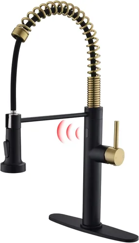 Fapully Grifo de cocina sin contacto con rociador extraíble, sensor negro y dorado, grifo comercial de fregadero de cocina de una sola manija