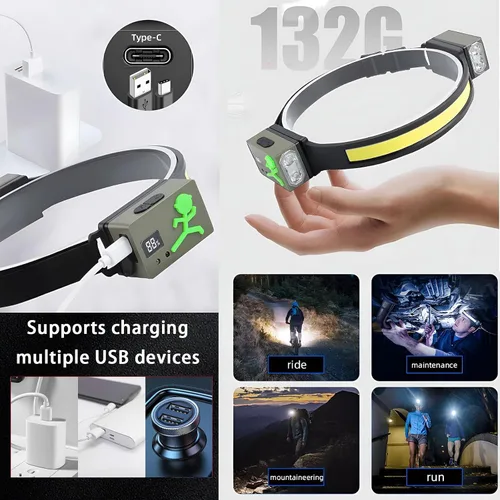 Miniatura 6 de Linterna frontal LED recargable, sensor de movimiento de 230°, faros delanteros para frente, luz de casco duro para adultos, linterna LED