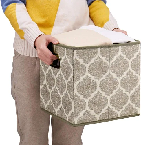Miniatura 2 de Cubos de Almacenamiento Decorativos 10.5 x 10.5 x 11 Pulgadas Canastas Cúbicas Marrones Patrón de Celosía Cubos de Almacenamiento de Tela Crema Gris