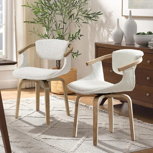 Miniatura 15 de Zouron Silla de escritorio sin ruedas, moderna silla de oficina de madera, silla de cuero sintético con brazo para sala de estar, dormitorio