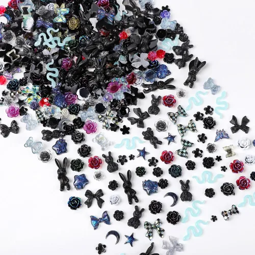 Miniatura 5 de COOSLIM 110 dijes de uñas 3D para uñas acrílicas, flor de camelia, rosa, mariposa, lazo, corazón, oso, conejo, estrella, para diseños de uñas, Negro