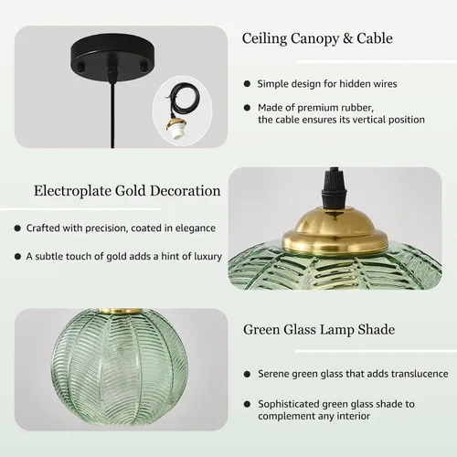 Miniatura 4 de Lámpara Colgante de Cristal Verde, Iluminación Colgante de Globo Grande Individual de 9.8 Pulgadas Nórdica Acanalada para Techo Colgante, Lámpara