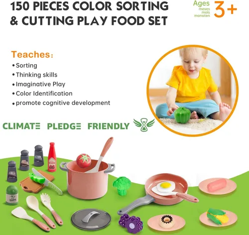 Miniatura 7 de Juego de cocina de 150 piezas, accesorios de utensilios de cocina de juguete para niños pequeños, comida, manta de picnic, frutas, verduras, paquete