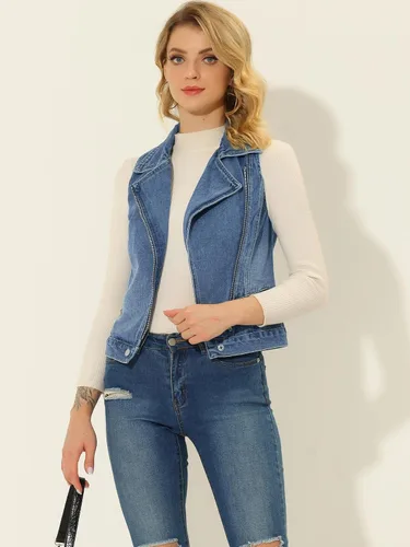 Miniatura 2 de Allegra K Chaqueta de moto sin mangas con cremallera para mujer, chaleco de mezclilla clásico