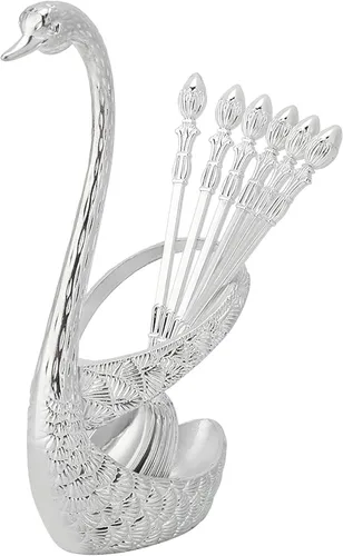 Miniatura 2 de Kit de cuchara de café con soporte en forma de cisne de aleación de zinc y 6 cucharas de café de acero inoxidable, juego de cucharas de comida