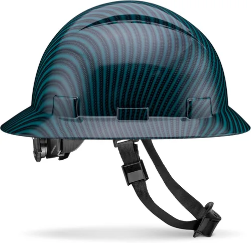 Miniatura 15 de Casco duro de construcción OSHA con diseño de fibra de carbono de ala completa, sin ventilación, acabado brillante, con suspensión de 6 puntos por