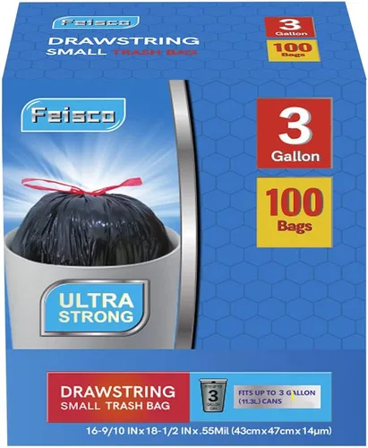 Miniatura 2 de Feisco Bolsa de basura negra de 3 galones, bolsa de basura con cordón pequeño, 100 unidades, 0.55 mil