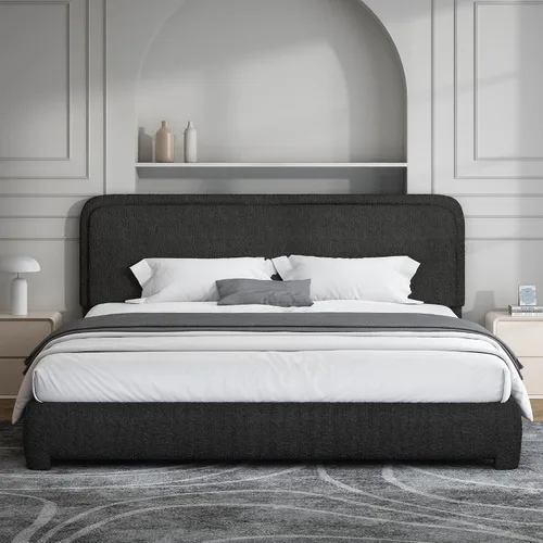 Miniatura 3 de BarnFurin Marco de cama y cabecera Boucle tamaño King, base de cama con plataforma tapizada en nube, esquinas redondeadas suaves, no requiere Negro