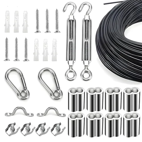 Miniatura 16 de Kit de suspensión de luces de cuerda de globo, cable guía de luz para exteriores, cable de acero inoxidable recubierto de vinilo, incluye 50 pies