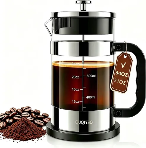 Miniatura 24 de QUQIYSO Cafetera de prensa francesa de acero inoxidable 304 con 4 filtros, resistente al calor, duradera, fácil de limpiar, prensa de café de vidrio