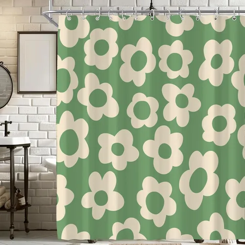 Miniatura 29 de Cortina de ducha pequeña para casa rodante, tamaño medio, estilo retro de los 70, con flores bonitas, estética abstracta de margaritas, decorativa