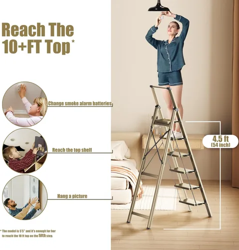 Miniatura 2 de SOLADDER Escalera de 6 escalones, taburete plegable con mango y pedal ancho antideslizante, escalera de escalera portátil de aluminio ligero
