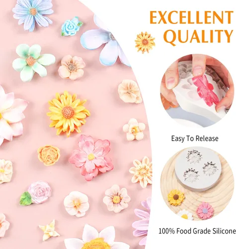 Miniatura 4 de KALAIEN Juego de 5 moldes de silicona para fondant de flores, flores de margarita, rosa, crisantemo para chocolate 5 moldes de flores