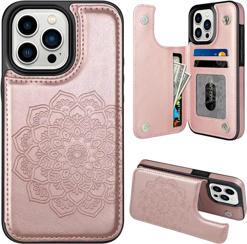 Miniatura 16 de MMHUO Funda protectora para iPhone 15 Pro Max con tarjetero y botones magnéticos de flores para mujer, color morado Púrpura