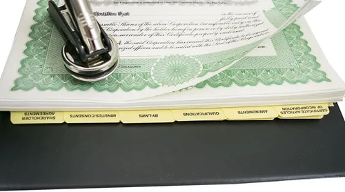 Miniatura 3 de Kit corporativo con PDF de actas y estatutos, Carpeta de registros negros con funda a juego, sello de empresa, certificados de acciones impresos