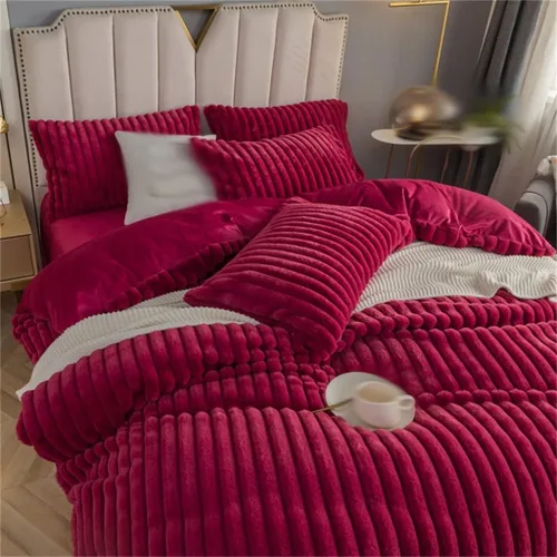 Miniatura 2 de Juego de funda de edredón vertical de terciopelo súper suave, color rojo, cama doble king, 4 piezas, juego de cama de felpa y funda de almohada