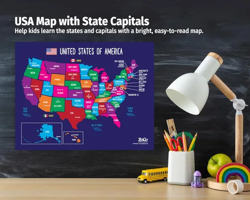 Miniatura 4 de Póster de 50 estados con mayúsculas de Estados Unidos - Laminado de 17 x 22 pulgadas - Colorido mapa completo de Estados Unidos para niños - América