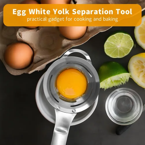 Miniatura 7 de Separador de huevos de acero inoxidable: filtro blanco de yema de huevo para huevos crudos, divisor de huevos de 6 agujeros con mango extendido