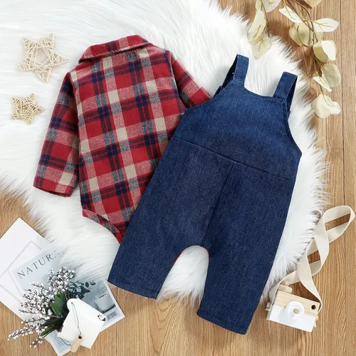 Miniatura 3 de ODASIRA Ropa de bebé niño, trajes de bebé, overol de manga larga a cuadros + overol de jeans, conjunto de pantalones