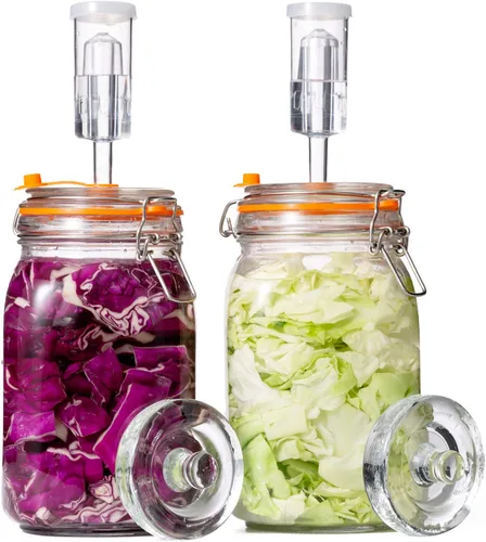 Miniatura 9 de Jillmo Tarro de fermentación de 1 litro, kit de fermentación de vidrio cuadrado con peso para hacer chucrut, salsa picante, hidromiel, sidra y más